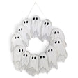 White ghost wreath Halloween door hanger made from recycled PVC with black eyes and white ribbon