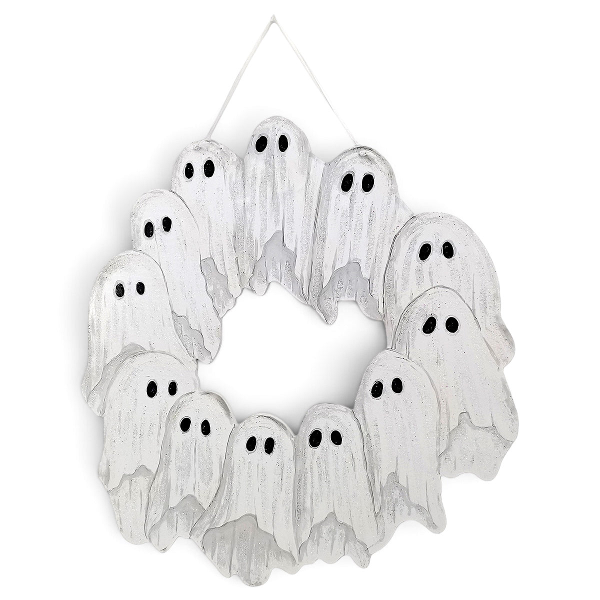White ghost wreath Halloween door hanger made from recycled PVC with black eyes and white ribbon