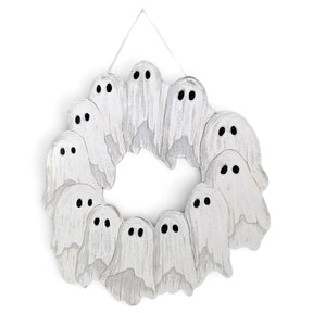 White ghost wreath Halloween door hanger made from recycled PVC with black eyes and white ribbon