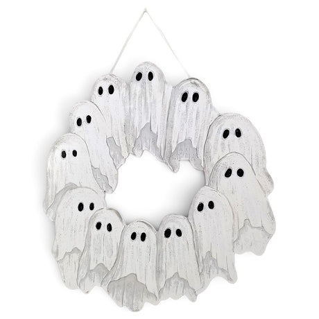 White ghost wreath Halloween door hanger made from recycled PVC with black eyes and white ribbon
