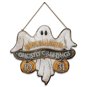 Ghostly Greetings metal Halloween sign with white ghost orange pumpkins and vintage distressed finish