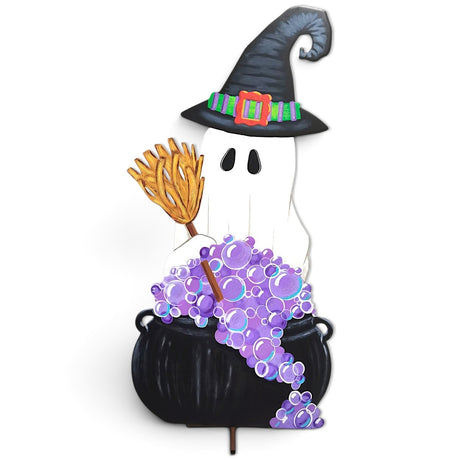 Giant 85-inch metal ghost witch with bubbling cauldron Halloween decoration by The Round Top Collection