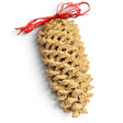 Giant natural sugar pine cone coated in premium bird seed and tied for hanging, packaged with green garland and red ribbon.