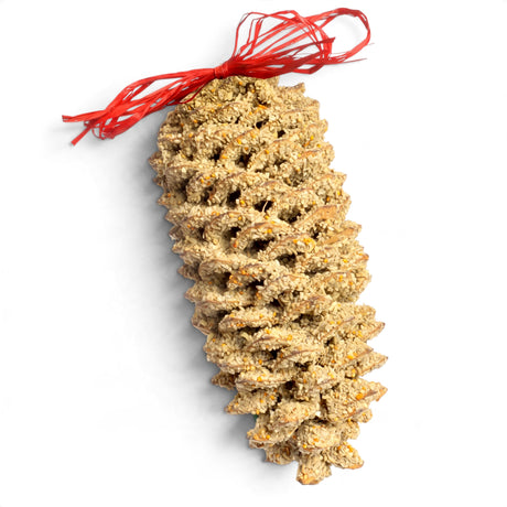 Giant natural sugar pine cone coated in premium bird seed and tied for hanging, packaged with green garland and red ribbon.