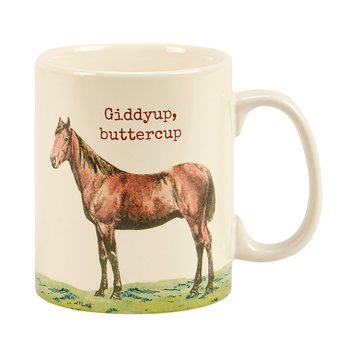 White 20 oz stoneware mug with vintage horse illustration and "Giddyup, Buttercup" phrase printed on both sides