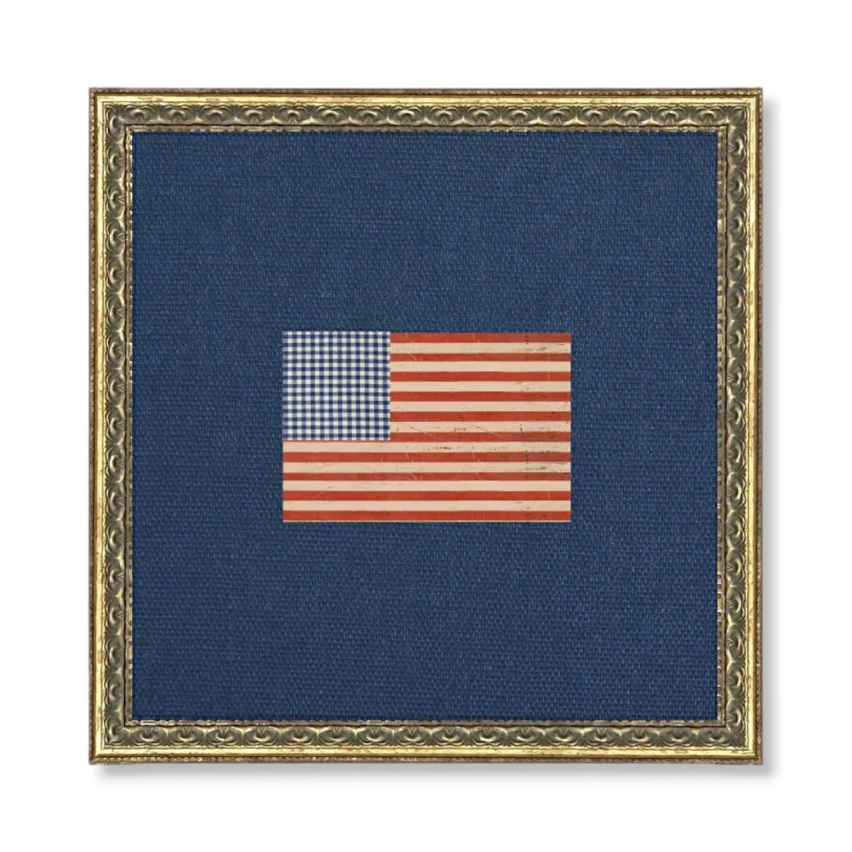 gingham american flag framed wall art patriotic decor blue fabric background gold frame