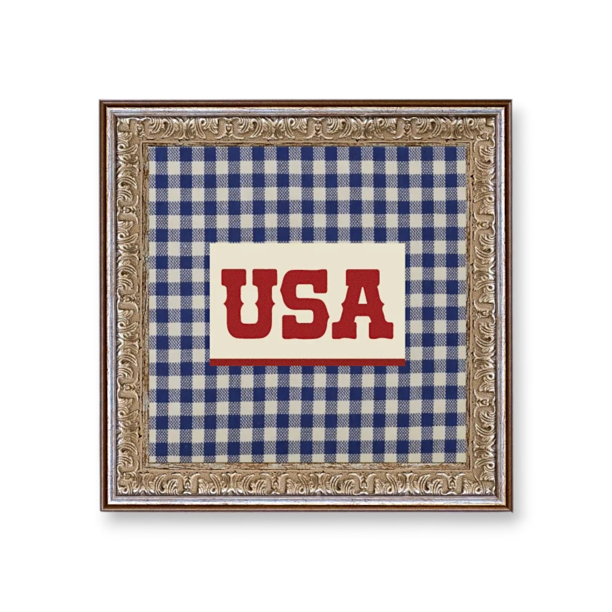 gingham usa framed wall art patriotic decor blue checkered by Petal Lane Home