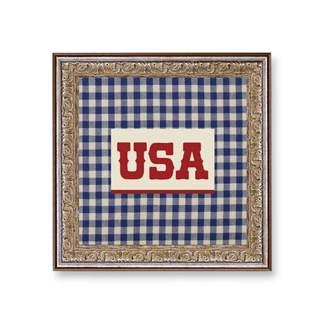 gingham usa framed wall art patriotic decor blue checkered by Petal Lane Home