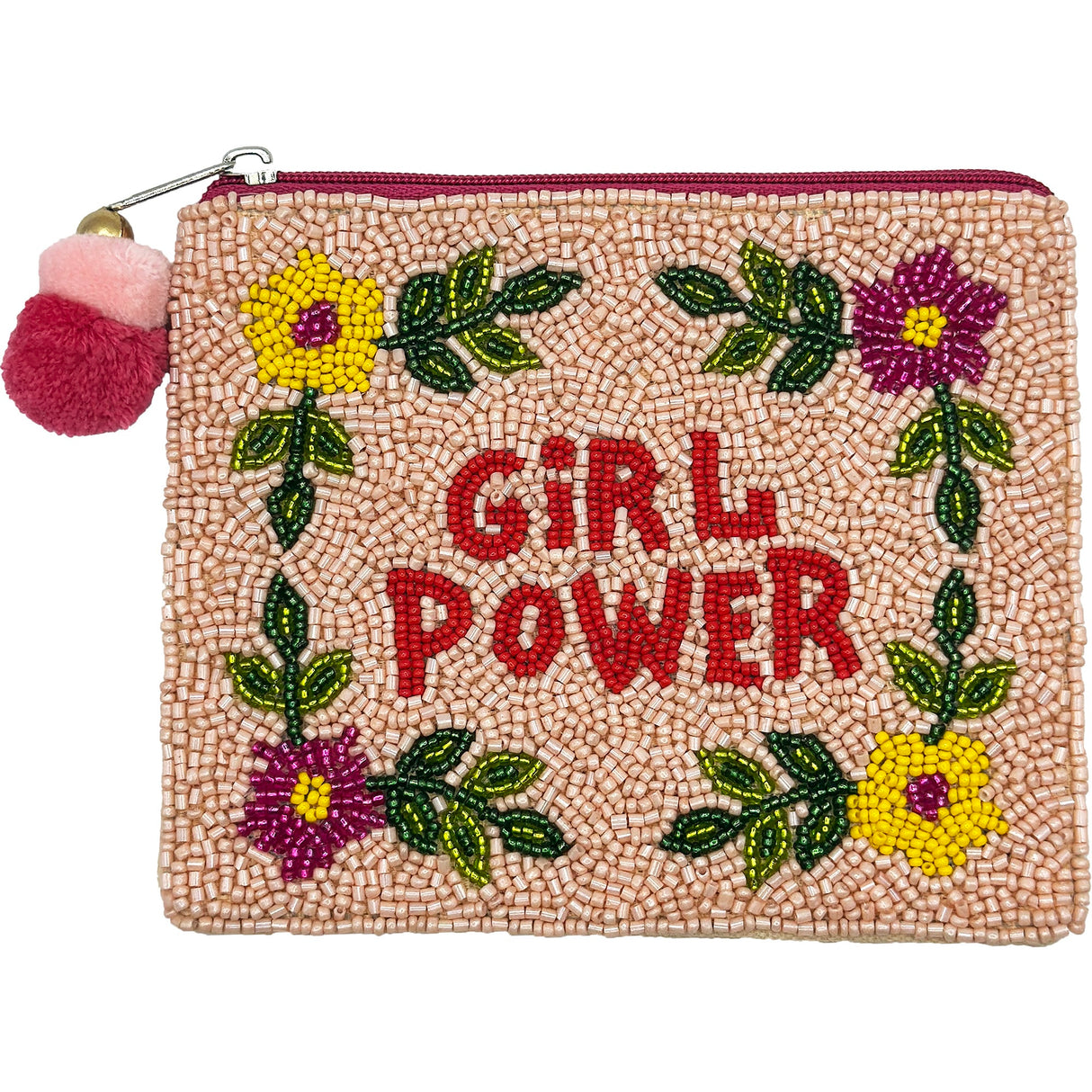 Girl Power Beaded Coin Pouch with Pom-Pom Zipper