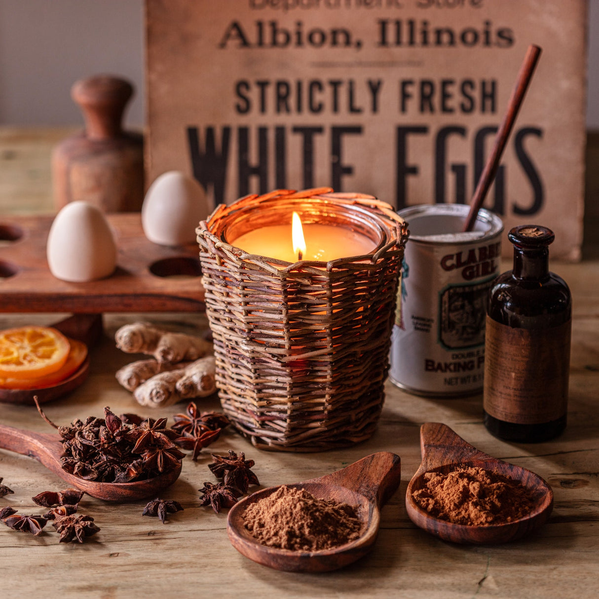 baking spice candle in woven willow container nostalgic kitchen scent