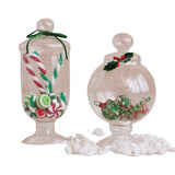 Glass candy jar decoration with faux holiday candy and festive bow