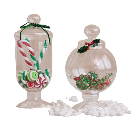 Glass candy jar decoration with faux holiday candy and festive bow