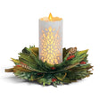 Glowing holiday candle pop-up card with rechargeable warm LED light and festive winter greenery wreath