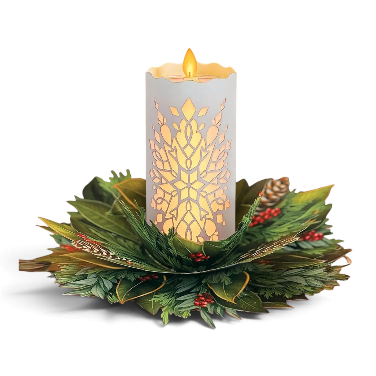 Glowing holiday candle pop-up card with rechargeable warm LED light and festive winter greenery wreath