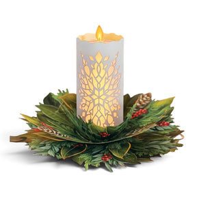 Glowing holiday candle pop-up card with rechargeable warm LED light and festive winter greenery wreath