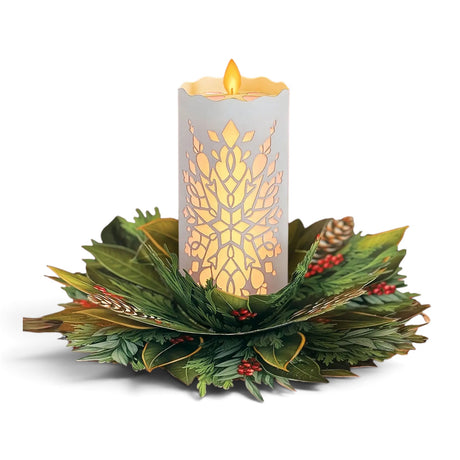 Glowing holiday candle pop-up card with rechargeable warm LED light and festive winter greenery wreath