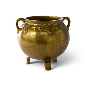 Gold aluminum bubbling cauldron planter with handles and raised decorative rim detail
