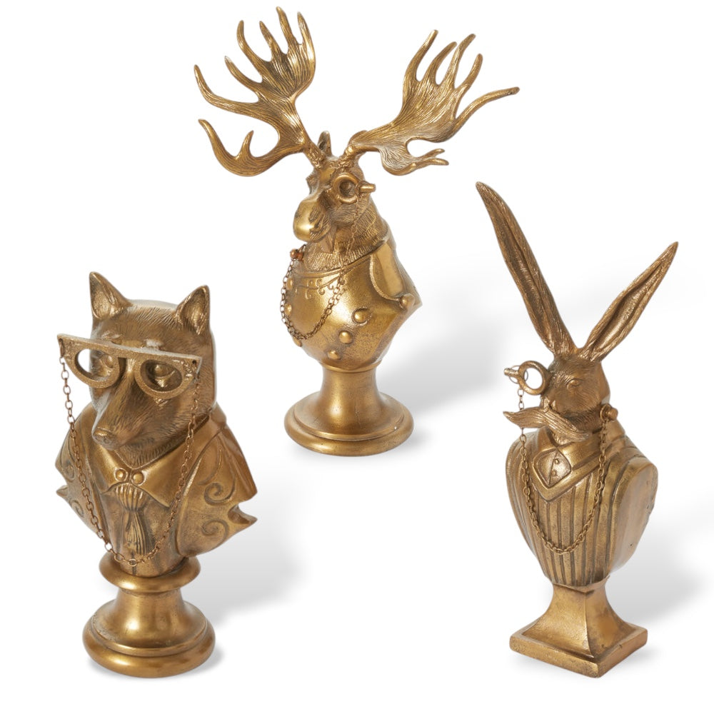 moose, hare, and fox gold aluminum animal busts