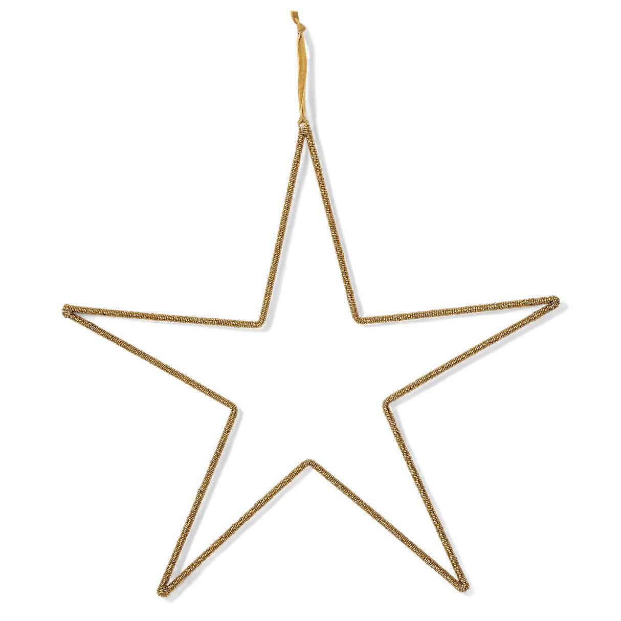Gold wire and glass beaded hanging star with velvet ribbon, 20 inches