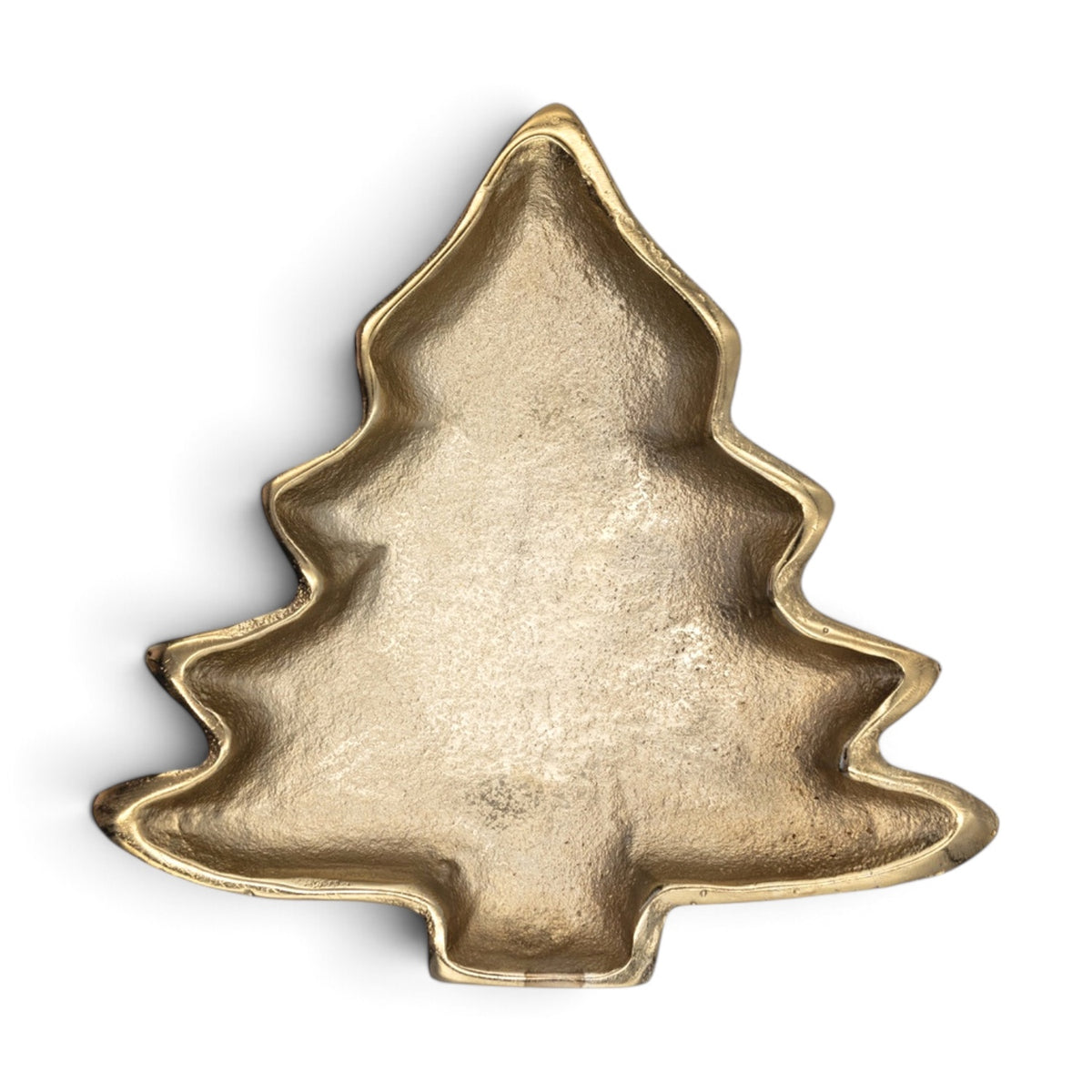 Gold cast aluminum Christmas tree dish with curved branches, a textured interior, and a raised rim
