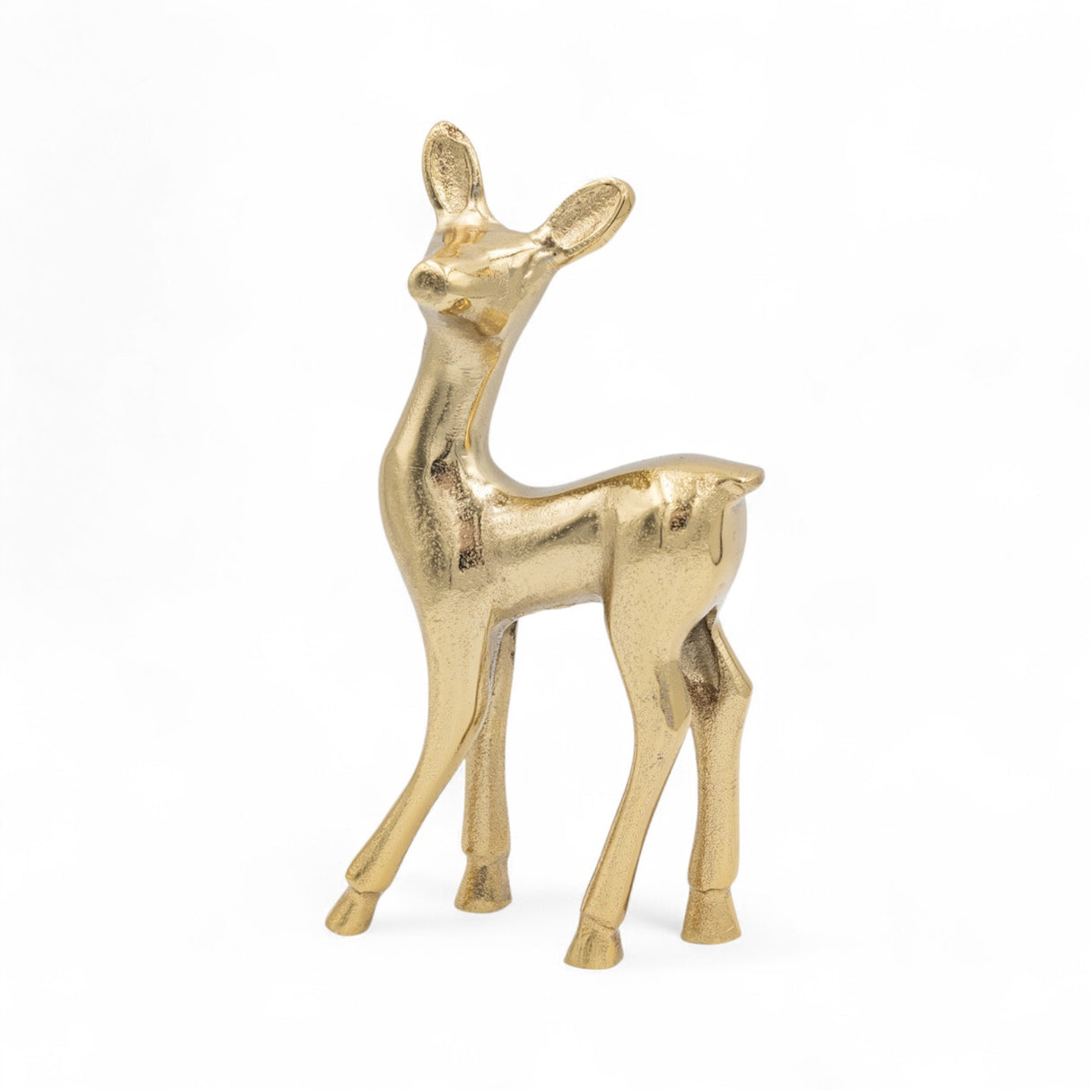 Gold cast aluminum deer figurine with slender legs and elegant pose