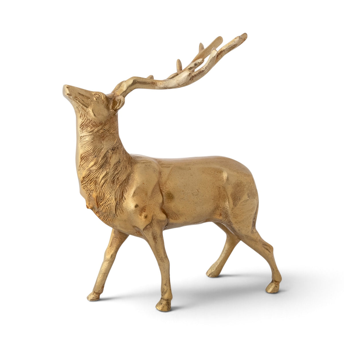 Gold cast aluminum deer with a raised head, sweeping antlers, and sculpted fur along its neck and chest.