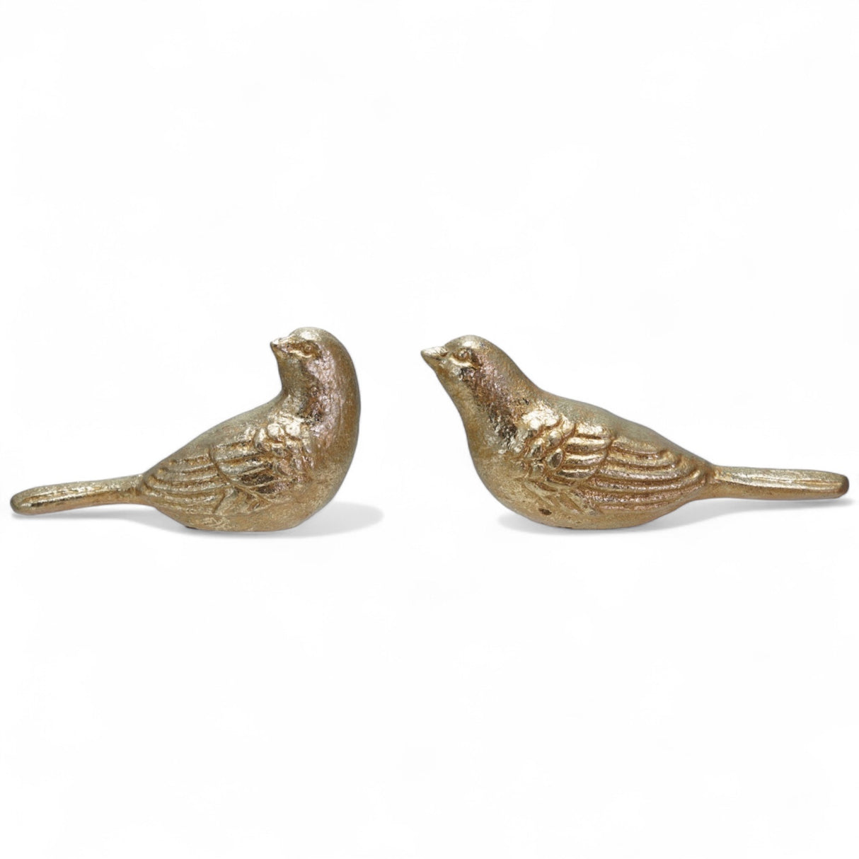 Two gold cast iron bird figurines in different styles