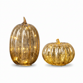 Gold crackle glass LED pumpkin with warm lights available in tall and round sizes