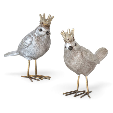 Gold resin bird figurines with glittered crowns and metal legs in two styles