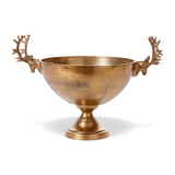 Gold aluminum pedestal bowl with sculpted deer head and antler handles