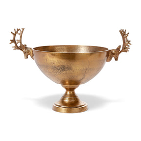 Gold aluminum pedestal bowl with sculpted deer head and antler handles