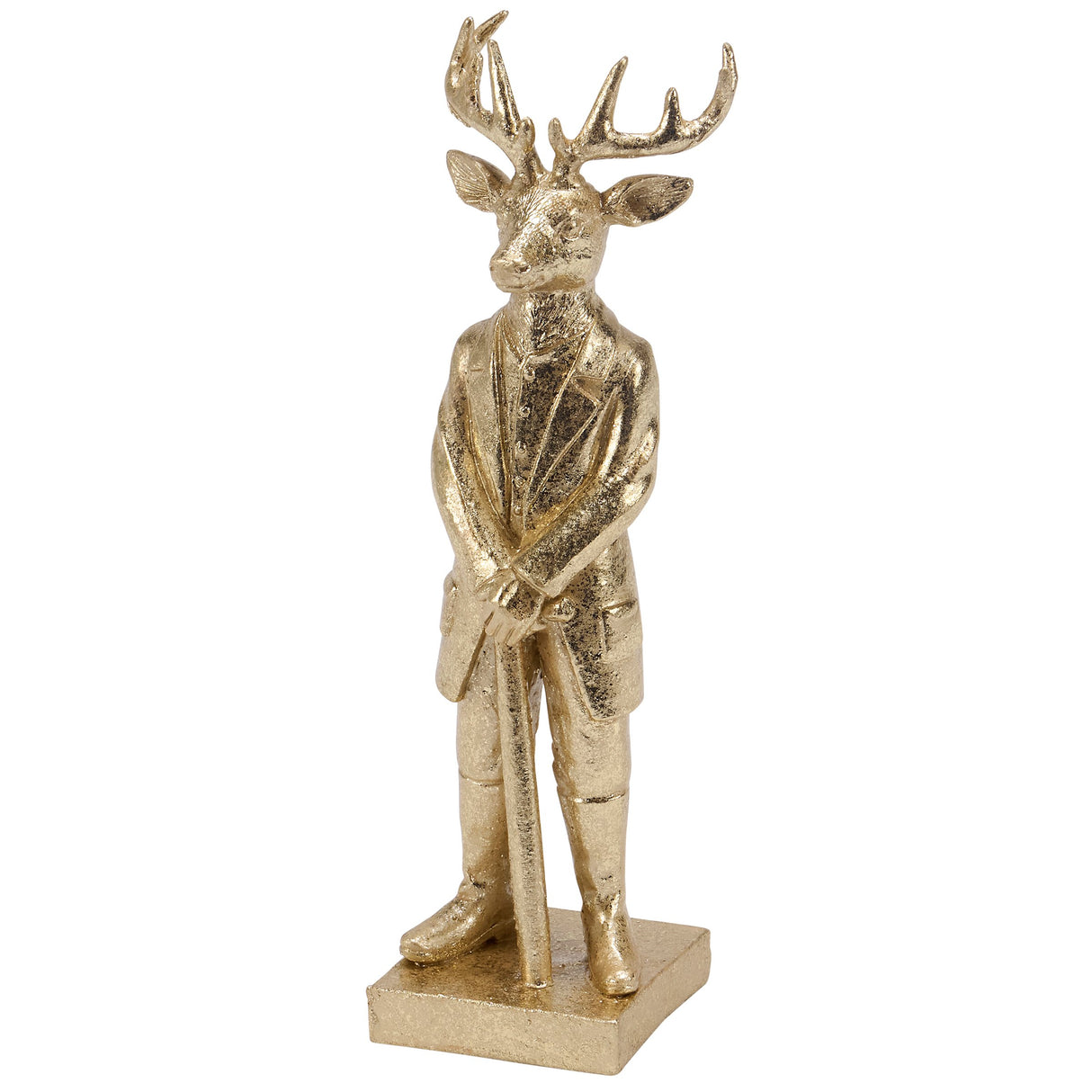 Gold resin deer figurine in vintage attire holding a cane, 8.25 inches tall, standing decorative piece