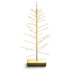 Gold festive tree illuminated by 80 warm white LEDs, measuring 12 inches wide and 16 inches tall.