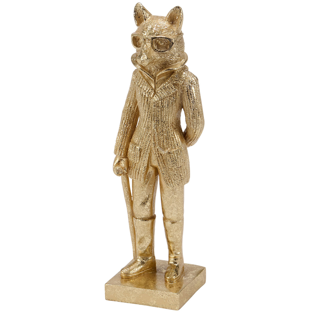 Gold resin fox figurine in vintage attire with cane and glasses, 8 inches tall, standing decor piece