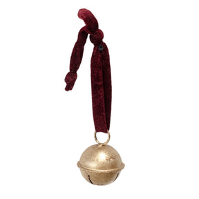 Gold Christmas jingle bell with burgundy velvet hanging loop
