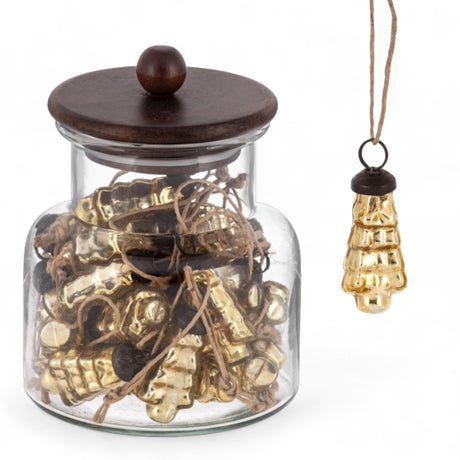 Gold mercury glass Christmas tree ornament with twine loop and dark metal top