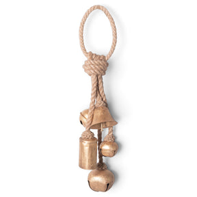  Five gold metal bells in assorted shapes hanging at staggered lengths from a knotted natural jute loop