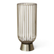 Tall gold metal wire candle holder with open vertical sides, a rounded bottom, and an embossed pedestal base