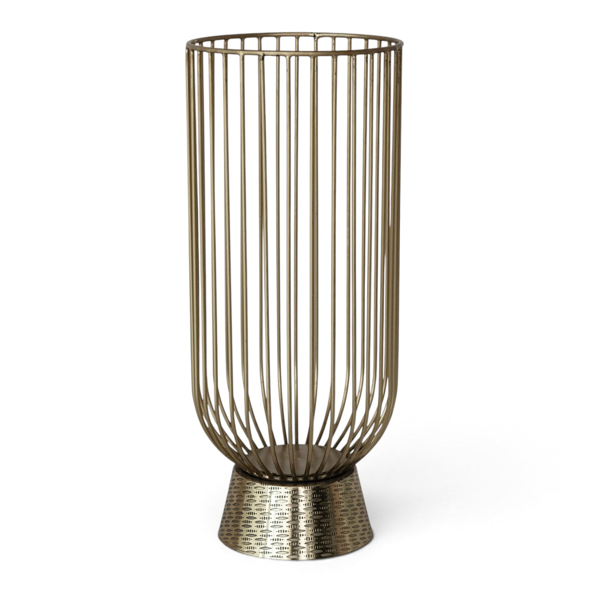 Tall gold metal wire candle holder with open vertical sides, a rounded bottom, and an embossed pedestal base