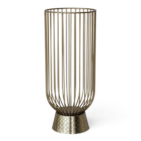 Tall gold metal wire candle holder with open vertical sides, a rounded bottom, and an embossed pedestal base