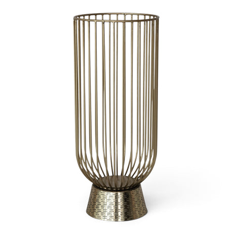 Tall gold metal wire candle holder with open vertical sides, a rounded bottom, and an embossed pedestal base