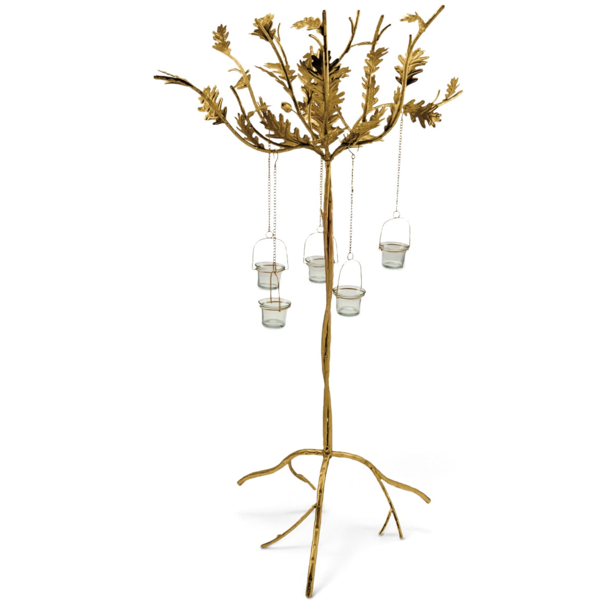 Tall gold metal oak leaf candelabra with branching feet and five glass tealight holders suspended from chains