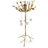 Tall gold metal oak leaf candelabra with branching feet and five glass tealight holders suspended from chains