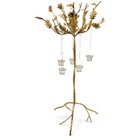 Tall gold metal oak leaf candelabra with branching feet and five glass tealight holders suspended from chains