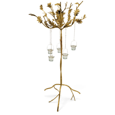 Tall gold metal oak leaf candelabra with branching feet and five glass tealight holders suspended from chains