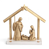Hand-painted gold resin Nativity display with an acrylic base, measuring 7 by 5 3/4 inches.