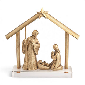 Hand-painted gold resin Nativity display with an acrylic base, measuring 7 by 5 3/4 inches.