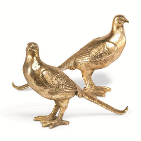 Gold resin pheasant figurines with detailed feathers in head-turned and head-straight styles