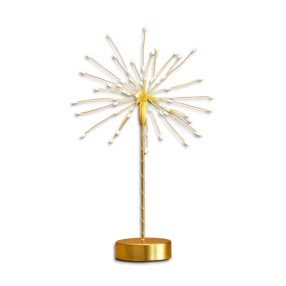Gold starburst LED table light with 60 warm white bulbs on a gold metal base