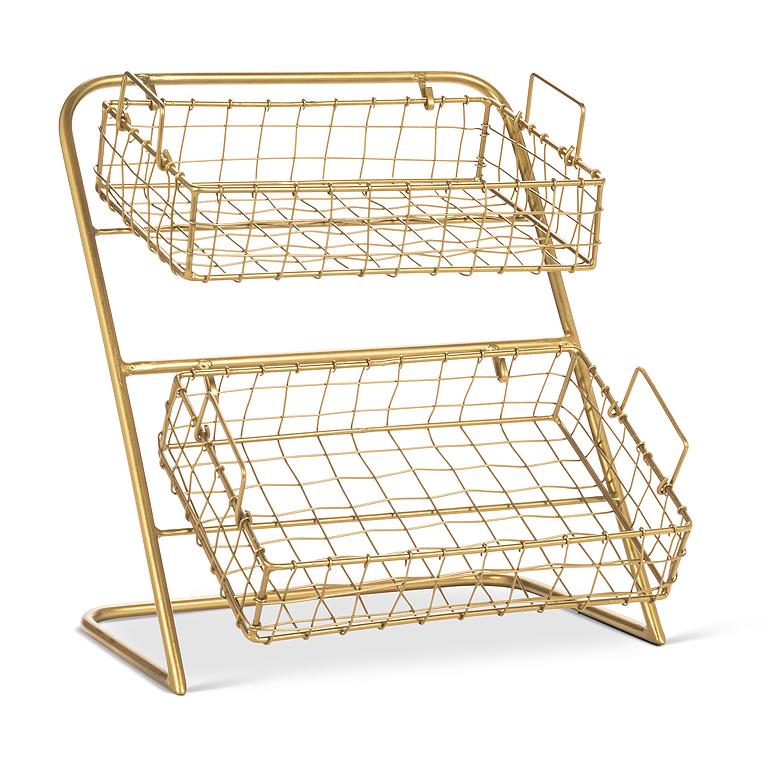 gold metal two tier countertop storage stand with wire baskets